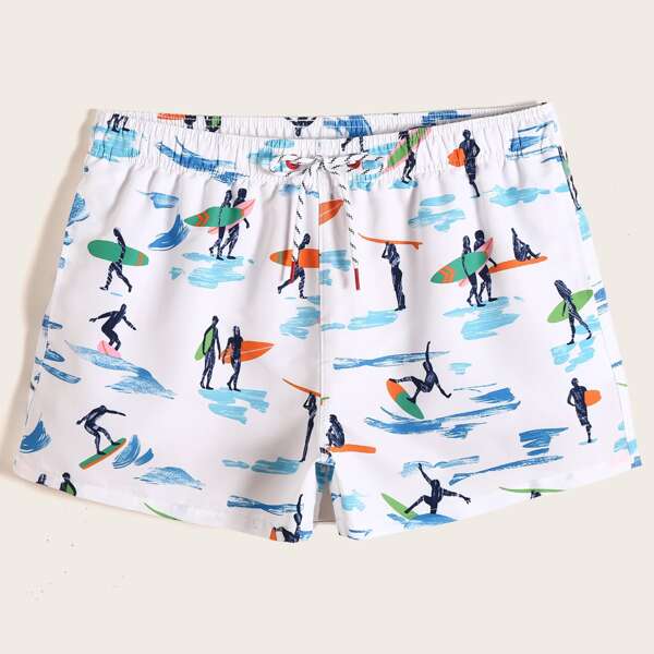 

Men Figure Print Drawstring Swim Trunks, Multicolor