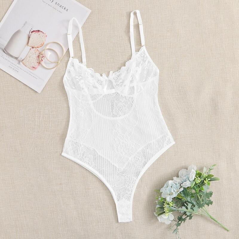 

Floral Lace Teddy Bodysuit, White