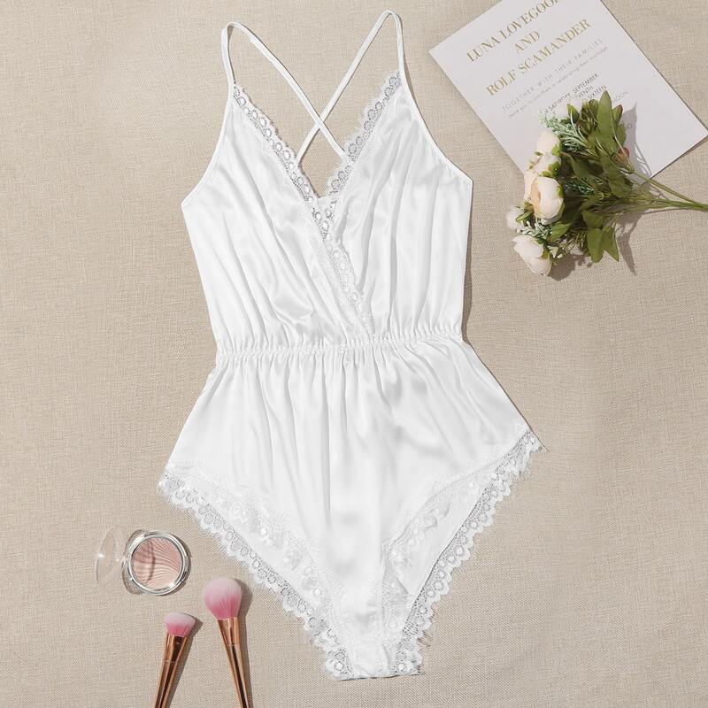 

Lace Trim Satin Teddy Bodysuit, White