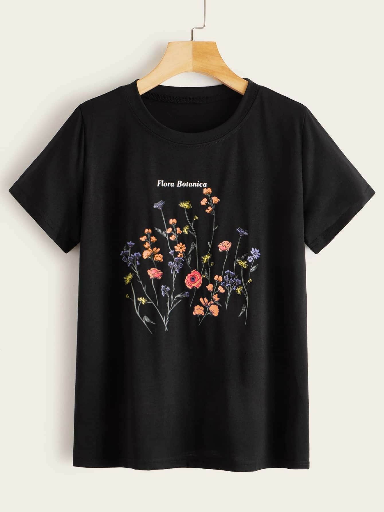Plus Plant & Letter Graphic T-shirt - Black - View 1