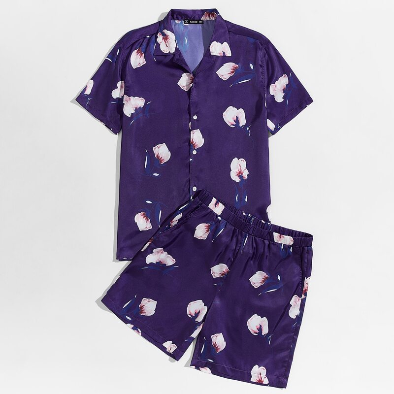 

Guys Revere Collar Floral Satin Shirt and Shorts PJ Set, Navy blue