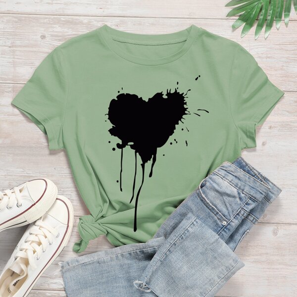 

Heart Print Round Neck Tee, Green