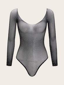 Fishnet Rhinestone Studded Teddy Bodysuit Lingerie - Black - View 1