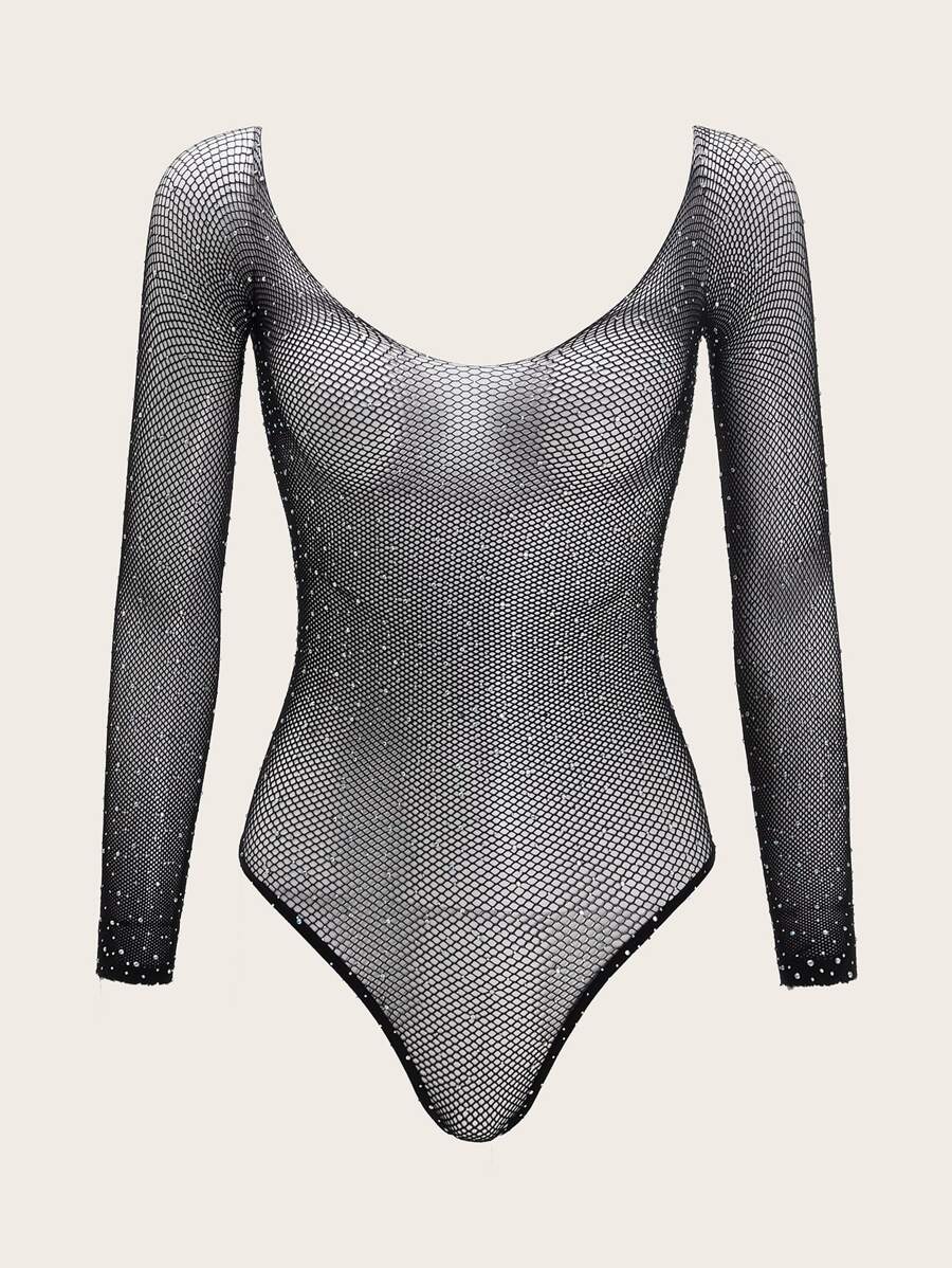 Fishnet Rhinestone Studded Teddy Bodysuit Lingerie - Black - View 1