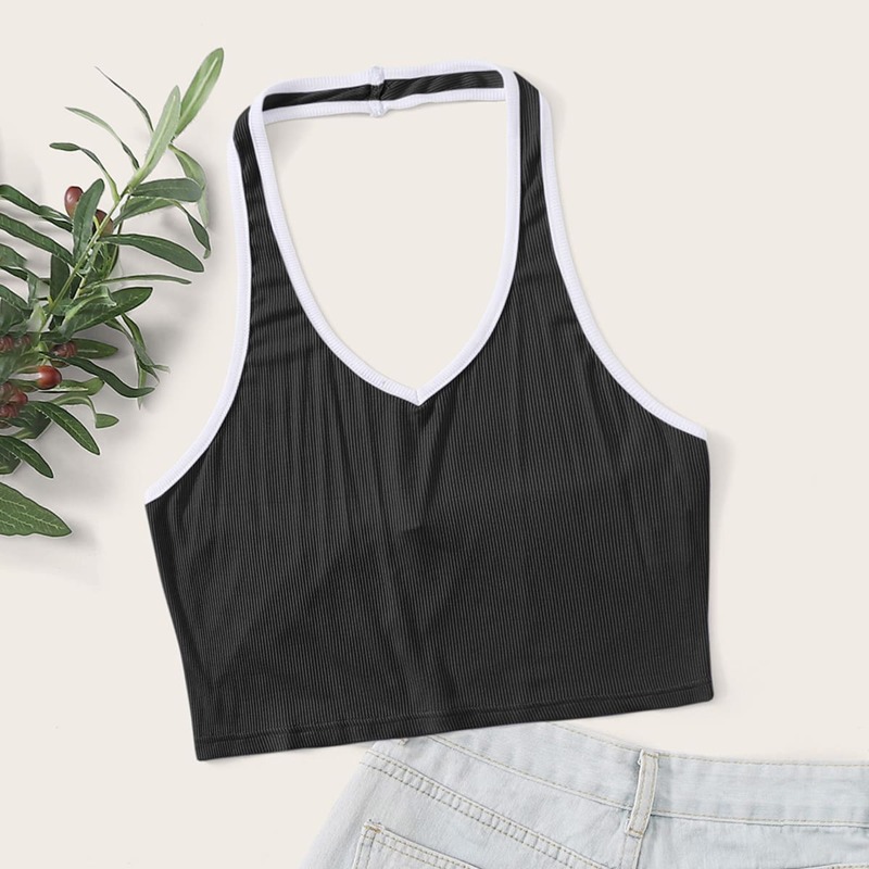 

Contrast Trim Haler Top, Black