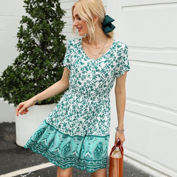 

Plant Print Button Front A-line Dress, Multicolor