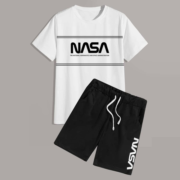 

Men Letter Graphic Tee & Drawstring Track Shorts, Black and white