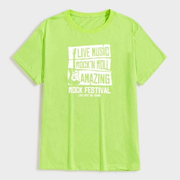 

Men Neon Green Slogan And Guitar Print Tee, Green bright