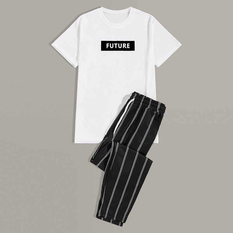 

Guys Letter Graphic Tee & Striped Sweatpants, Black and white