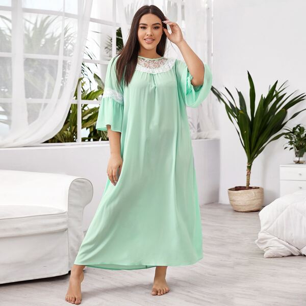 

Plus Lace Trim Flounce Sleeve Nightdress, Green