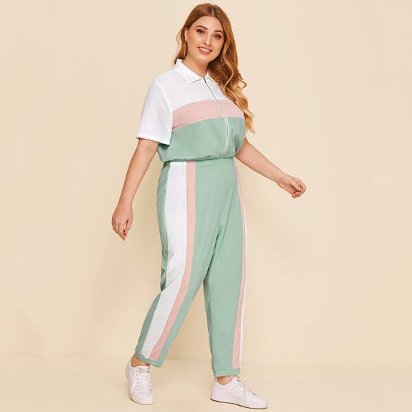 

Plus Zip Half Placket Elastic Waist Colorblock Jumpsuit, Green