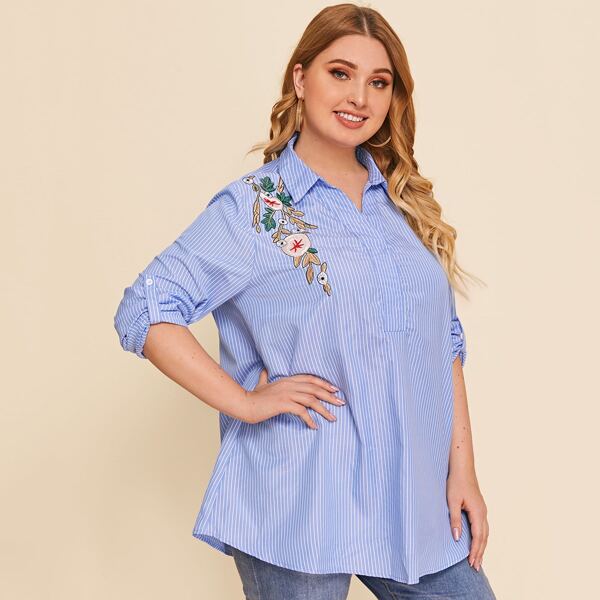 

Plus Roll Tab Sleeve Floral Embroidered Striped Top, Blue