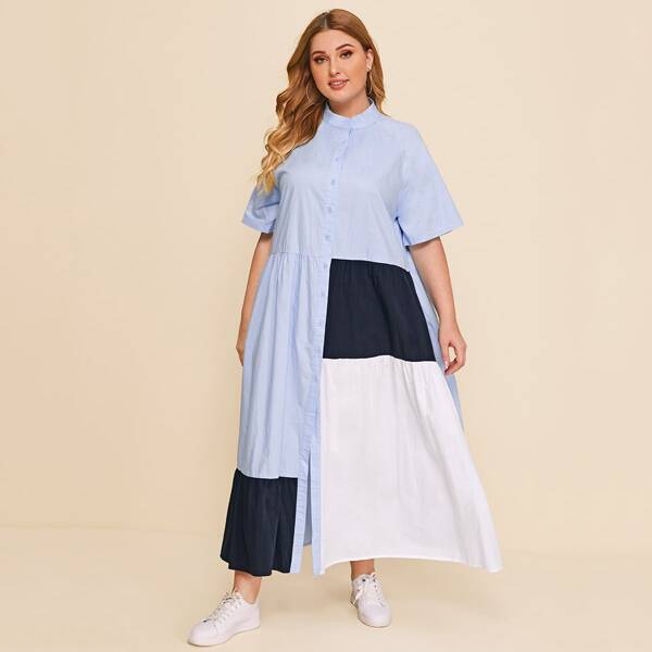 

Plus Raglan Sleeve Colorblock Smock Dress, Blue