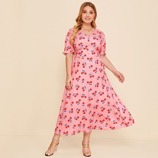 

Plus Puff Sleeve Button Front Wide Waistband Cherry Print Dress, Pink