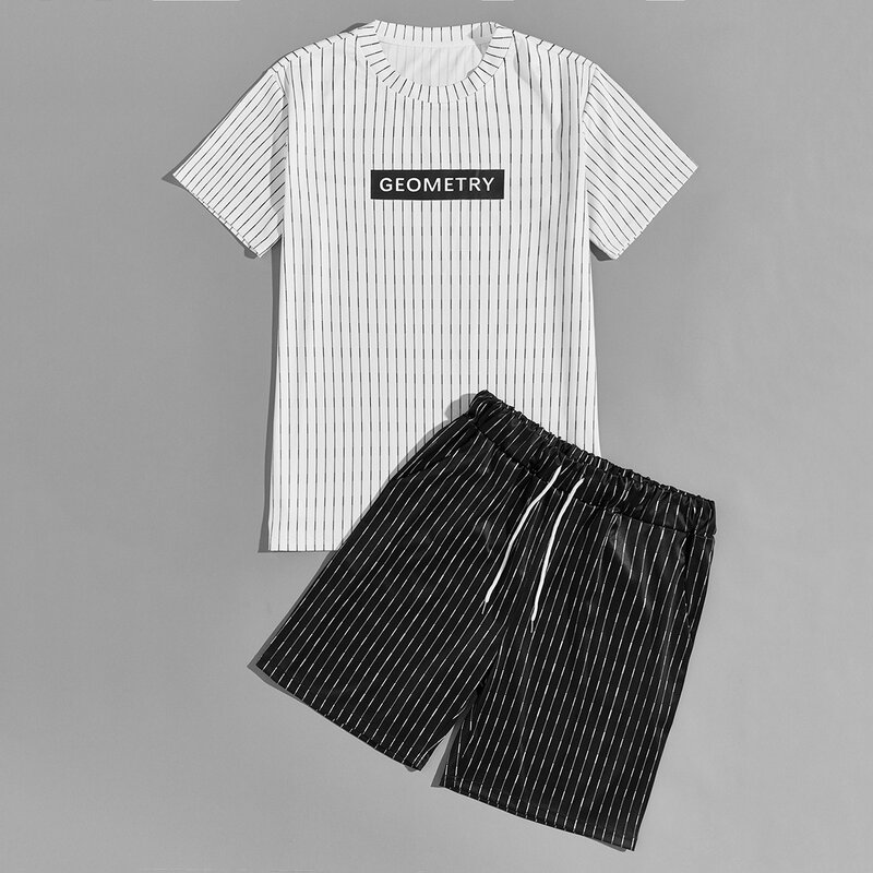 

Guys Striped Letter Graphic Tee With Drawstring Shorts, Black and white