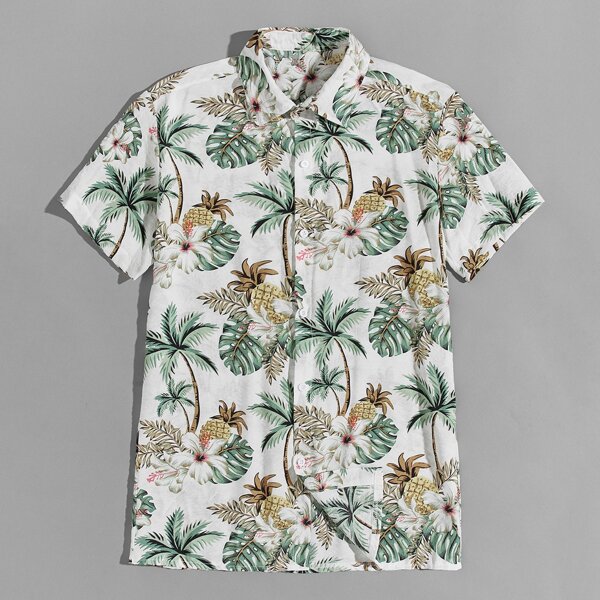 

Men Tropical Print Button Up Shirt, Multicolor