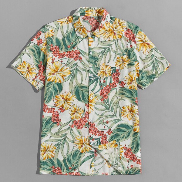 

Men Tropical Print Button Up Shirt, Multicolor
