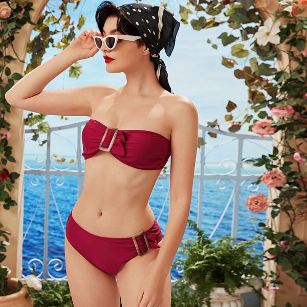 

Bandeau Buckle Detail Bikini Swimsuit, Burgundy