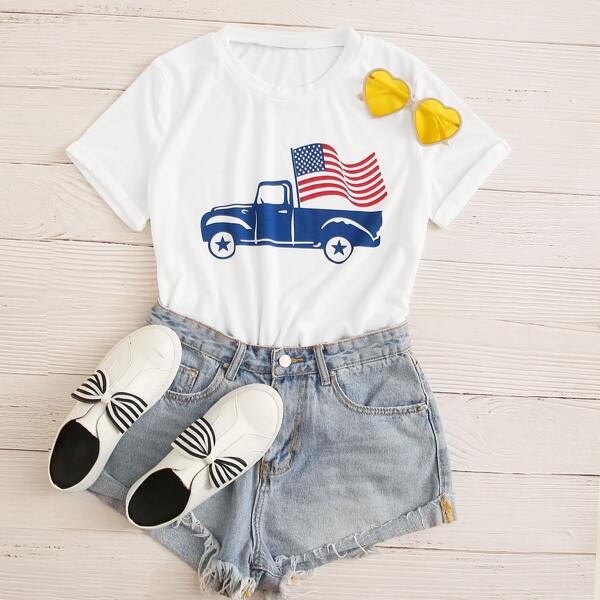 

American Flag Print Rolled Cuff Tee, White