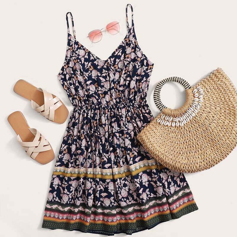 

Surplice Neck Floral and Tribal Print Cami Dress, Multicolor