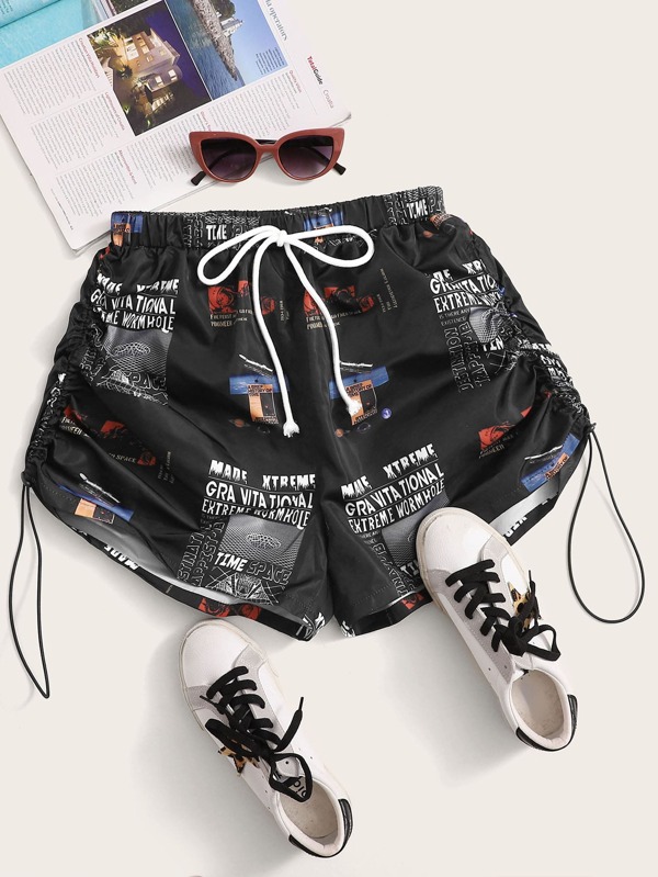 Tie Front Drawstring Slogan & Graphic Print Shorts