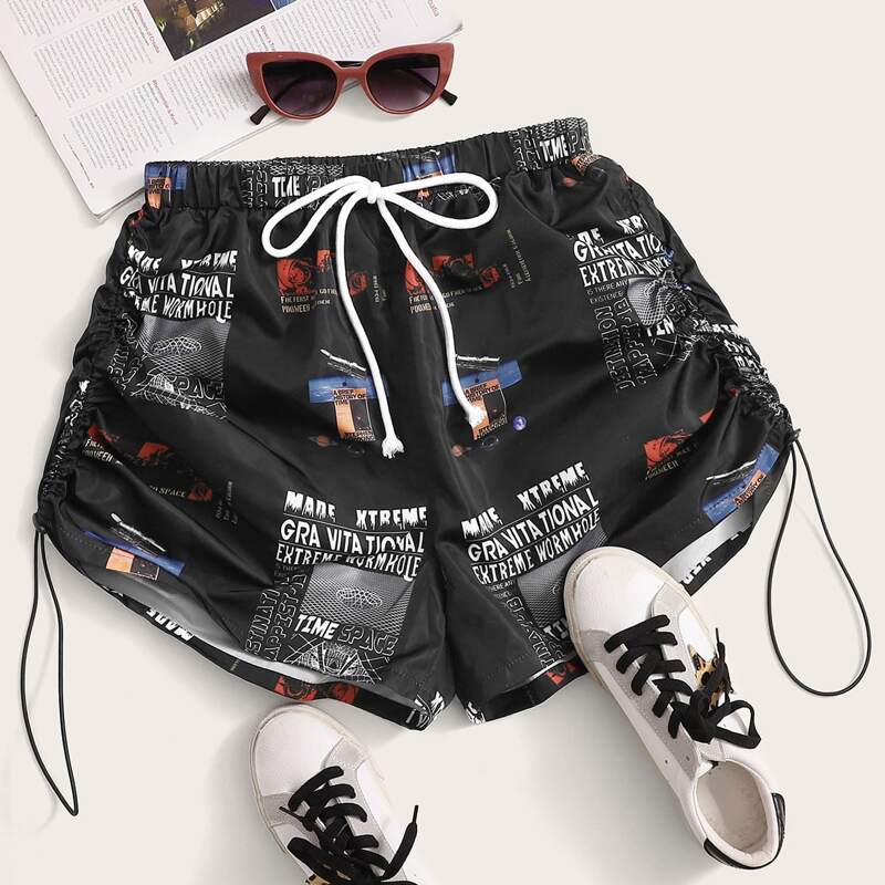 

Tie Front Drawstring Slogan & Graphic Print Shorts, Black