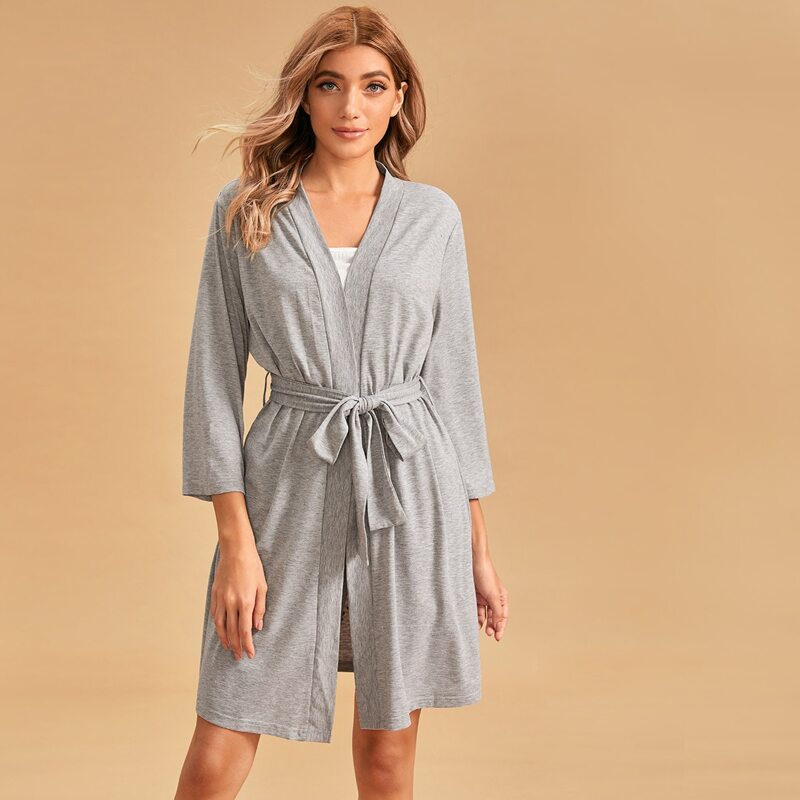 

Solid Self Tie Wrap Robe, Grey