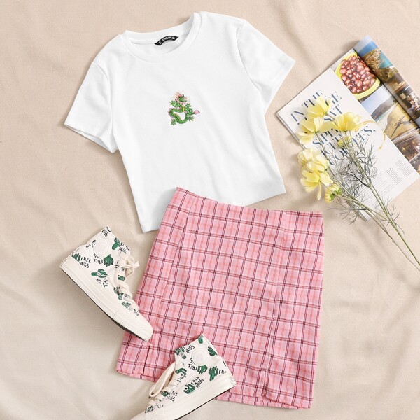 

Embroidered Dragon Tee & Plaid Skirt Set, Multicolor