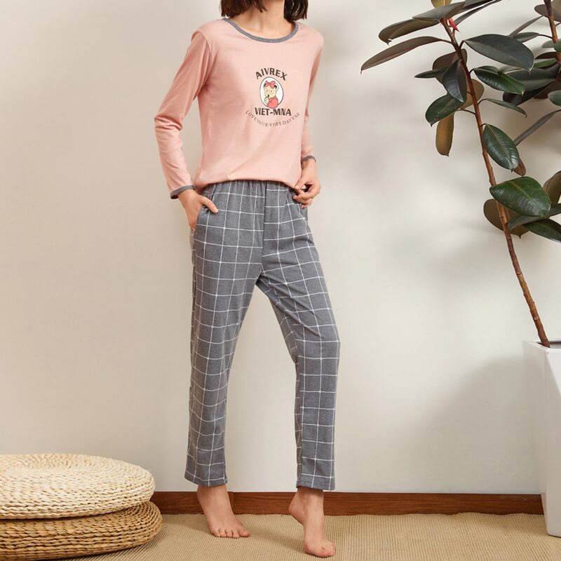 

Letter & Cartoon Tee With Plaid Pants Pajama Set, Multicolor
