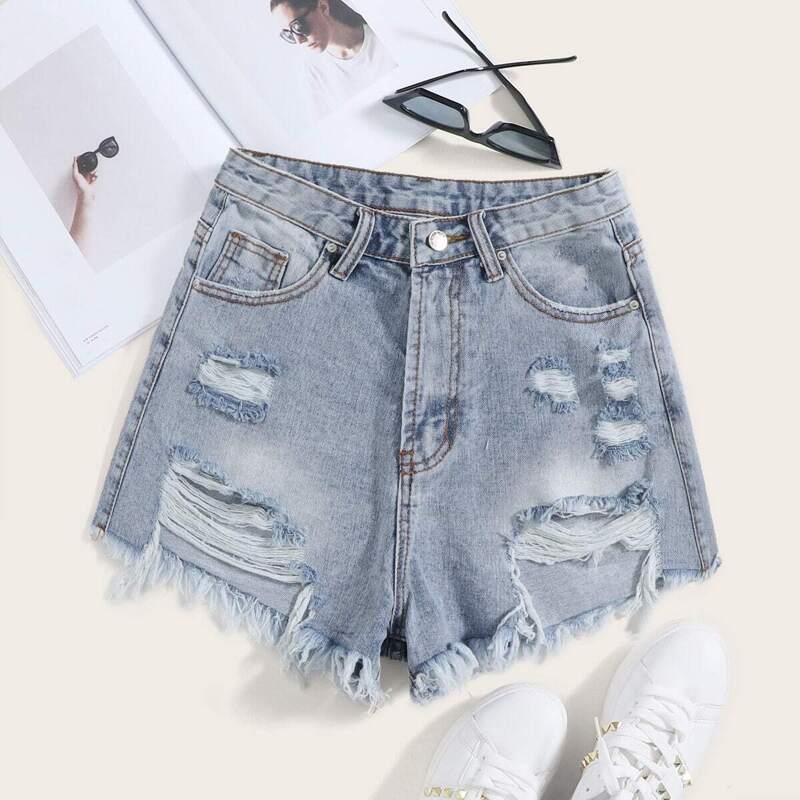 Ripped Raw Hem Denim Shorts, Blue