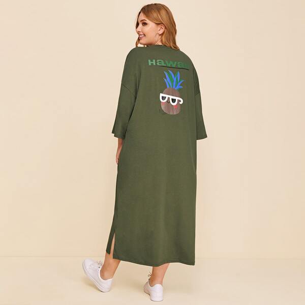 

Plus Split Hem Letter & Cartoon Graphic Dress, Army green