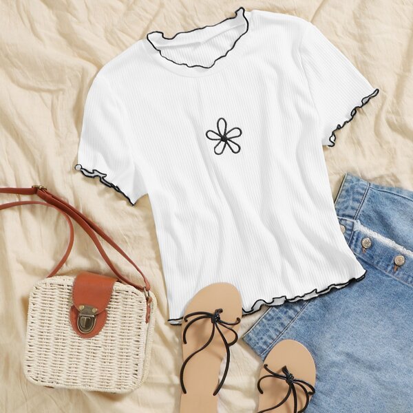 

Lettuce Trim Floral Embroidery Rib-knit Tee, White
