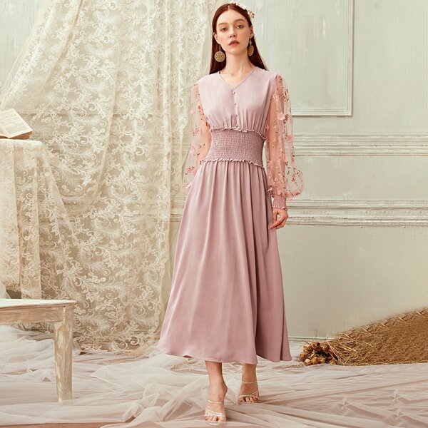

3D Applique Embroidered Mesh Lantern Sleeve Shirred Panel Dress, Pink pastel