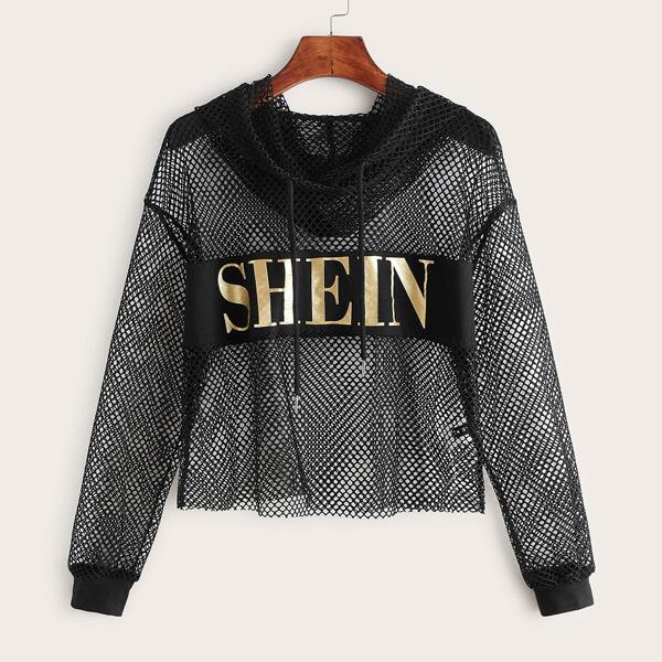 

Letter Print Fishnet Mesh Hoodie, Black