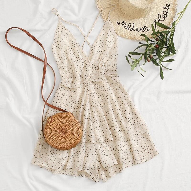 

Crisscross Back Ruched Allover Print Romper, Beige
