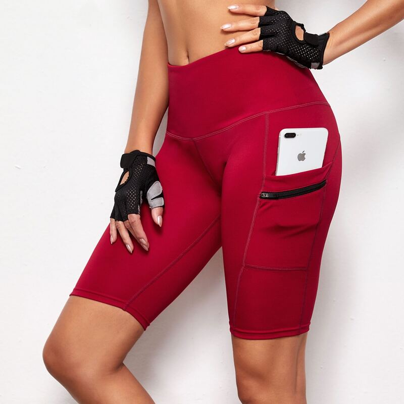 

Zipper Wideband Waist Biker Shorts With Phone Pocket, Red