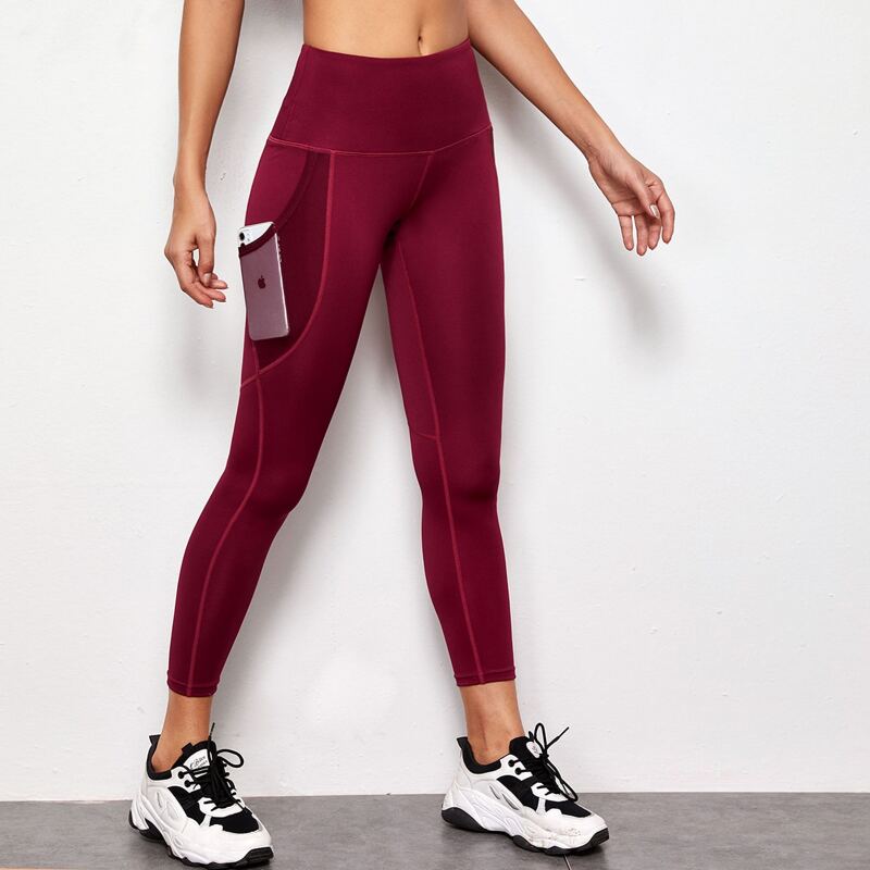 

Mesh Panel Wideband Waist Sports Leggings With Phone Pocket, Burgundy