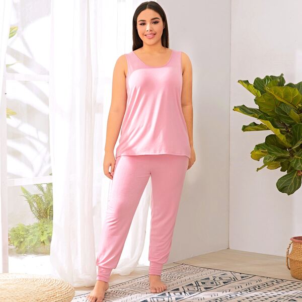 

Plus Solid Tank Top Pajama Set, Pink
