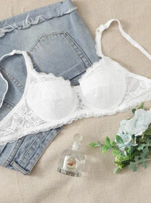 Floral Lace Solid Bra Lingerie - White - View 1