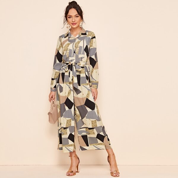 

Geo Print Belted Shirt Jumpsuit, Multicolor