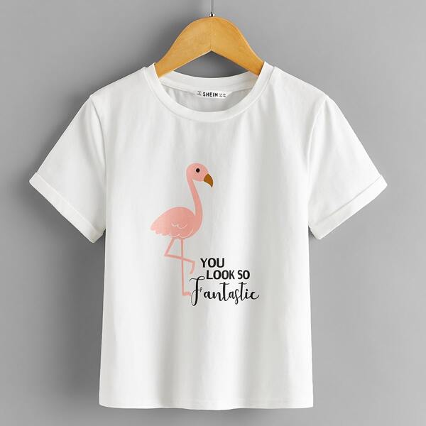 

Girls Slogan and Flamingo Print Tee, White