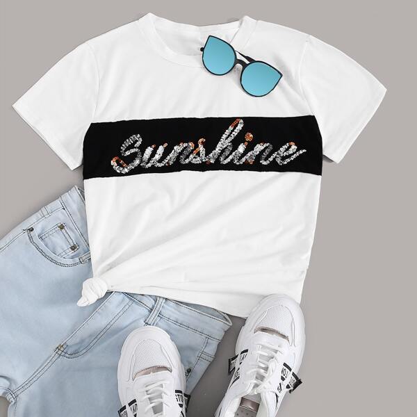 

Letter Contrast Sequined T-shirt, White