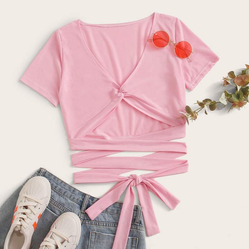 

Twist Front Criss Cross Pink Top