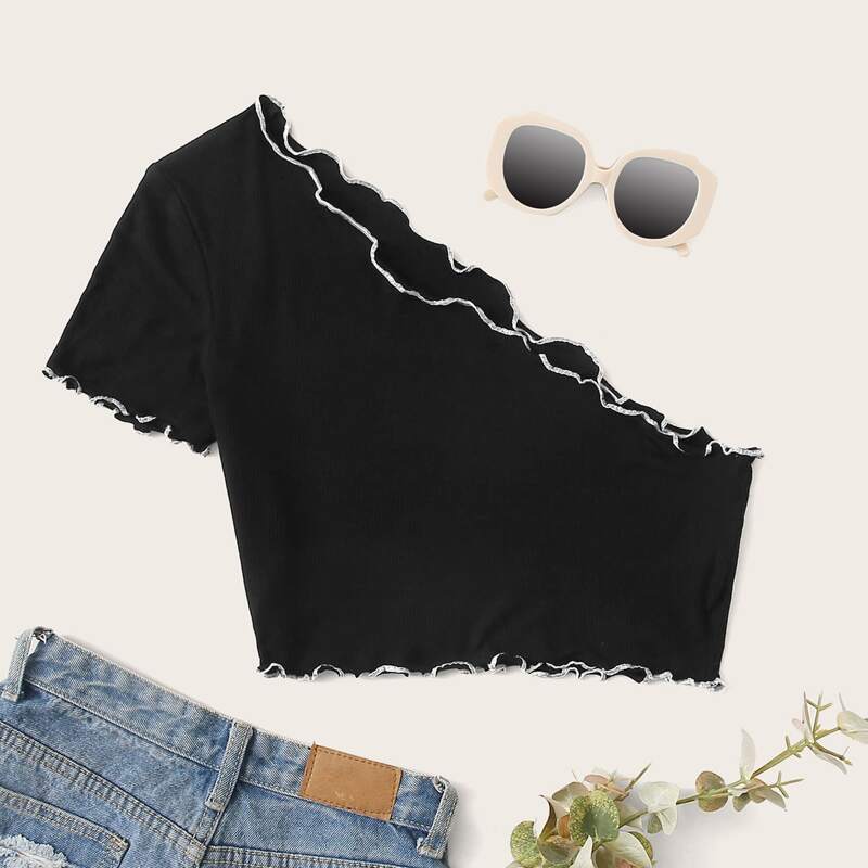 

One Shoulder Lettuce Trim Crop Top, Black