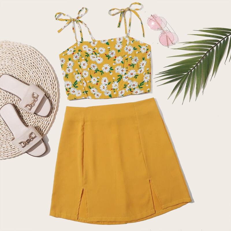

Floral Crop Cami & Yellow Slit Skirt
