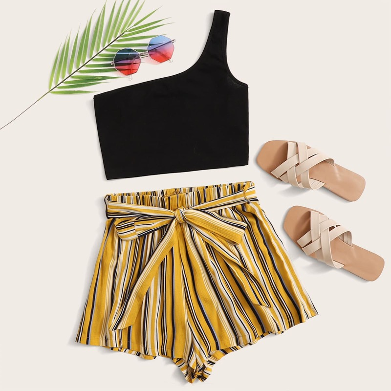 

One Shoulder Top and Self Belted Striped Shorts Set, Multicolor