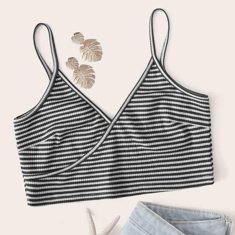 

Striped Wrap Crop Cami, Black and white