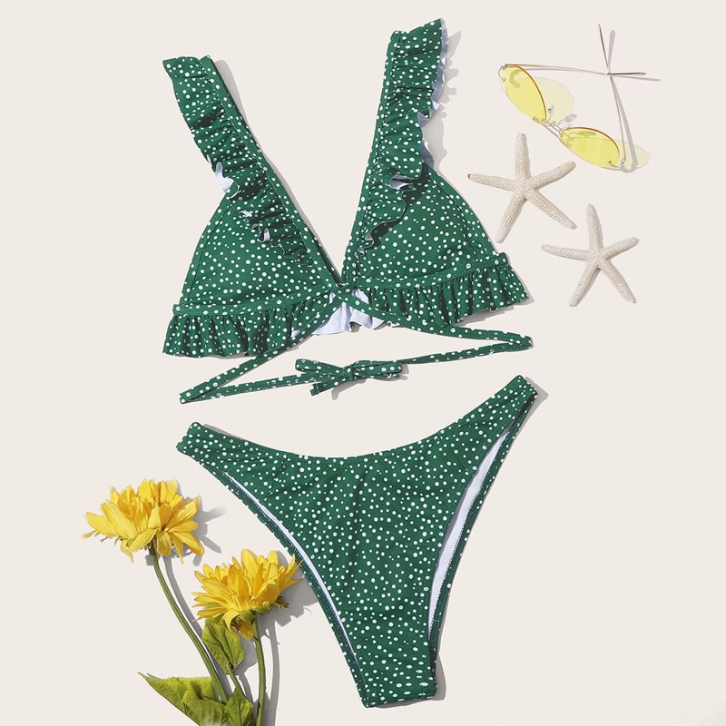 

Polka Dot Ruffle Triangle Bikini Swimsuit, Green