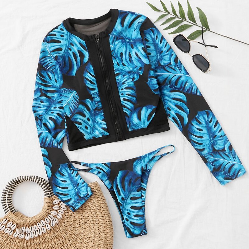 

Tropical Zip Front Tanga Surfing Swimsuit, Multicolor