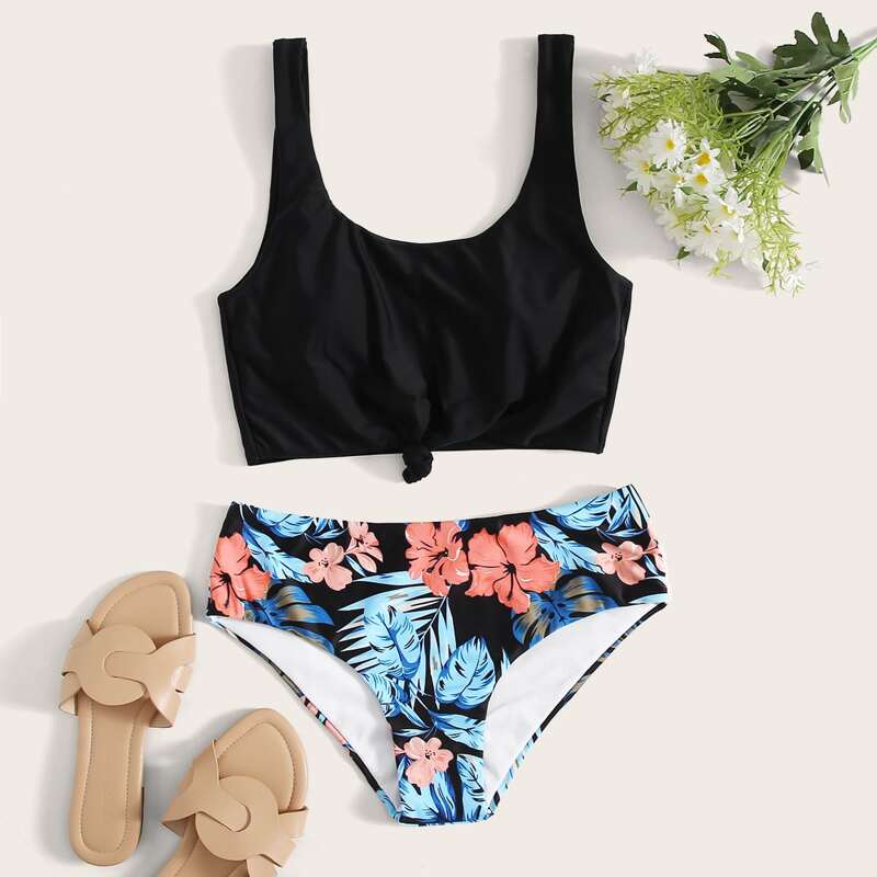 

Tropical Knot Detail Bikini Swimsuit, Multicolor